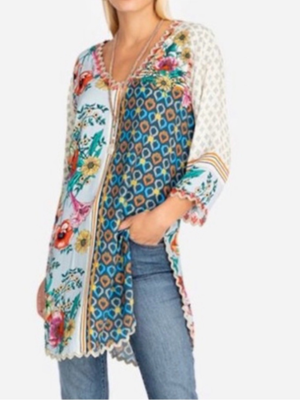 Johnny Was Shana Blouse Floral Mixed Pattern Tunic Embroidered Trim Size M